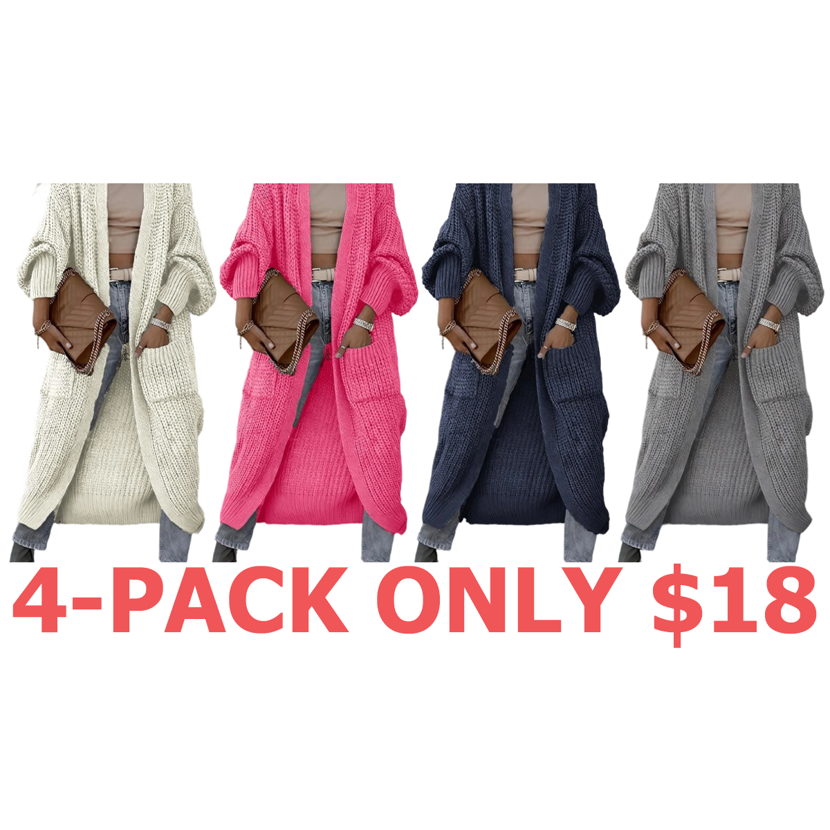 Women's Solid Drop Shoulder Long Cardigan, Casual Pocket Long Sleeve Cardigan,Sweaters for Women