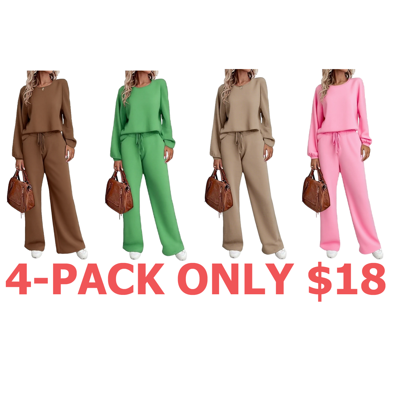 Women's two-piece set long sleeved pullover top with pockets wide leg pants casual set Pajama Loungewear Nightwear