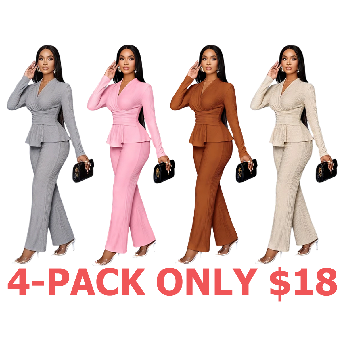 Women's Solid-Color Elegant V-Neck Long-Sleeve and Wide-Leg Pants Set