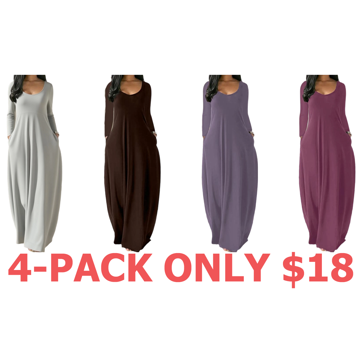 Women's Long Nightgown,Casual Round Neck Long Sleeve Pocket Sleepwear,Soft Comfortable All-Season Loungewear