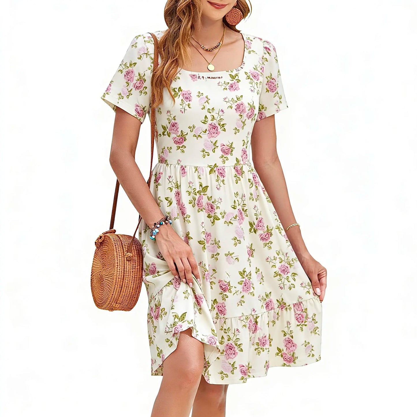 Women Square Neck Ditsy Floral Dress, Ruffle Empire Waist A-Line Sundress With Pockets
