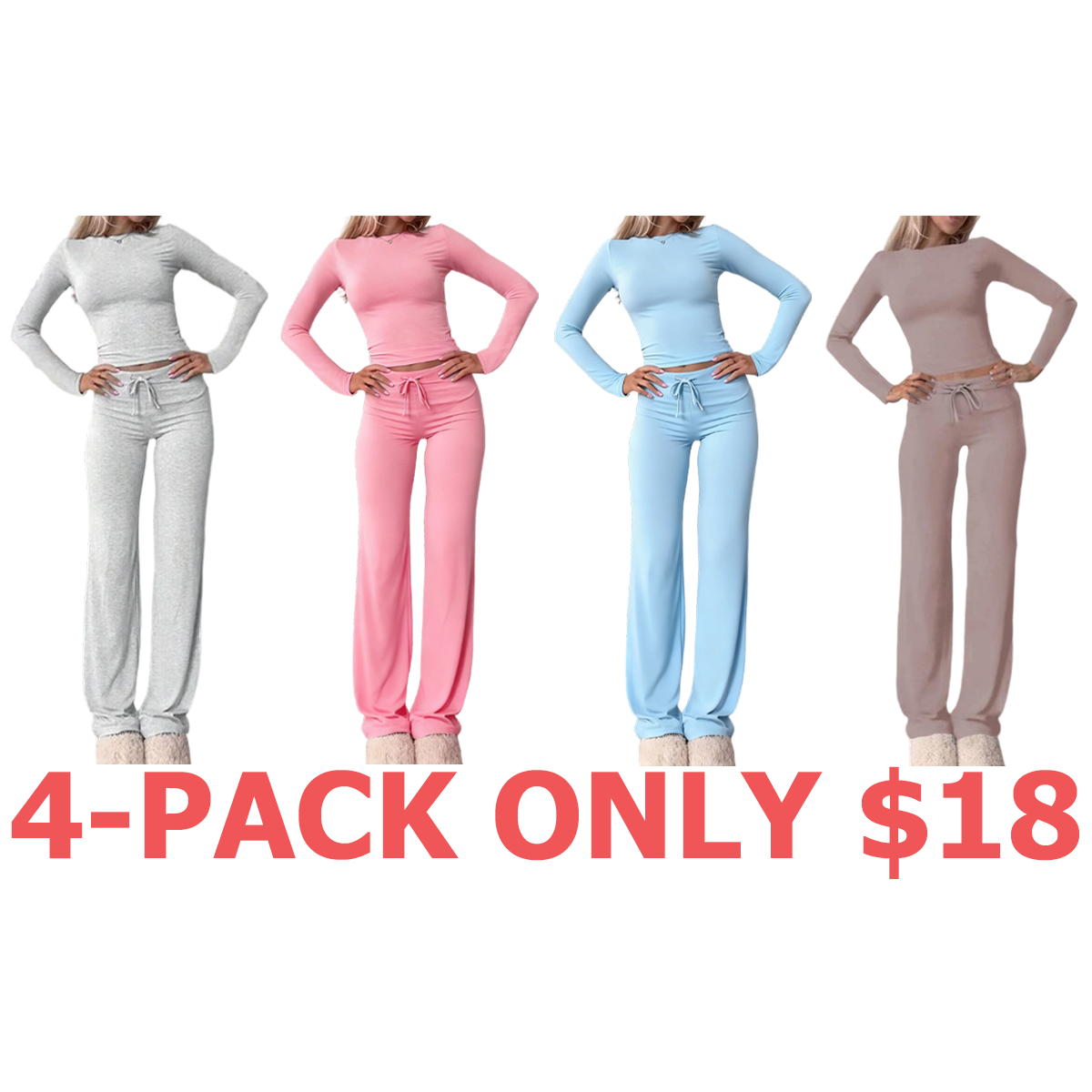 Women's Solid Long Sleeve Crop Top & Drawstring Waist Straight Leg Pants Loungewear Set
