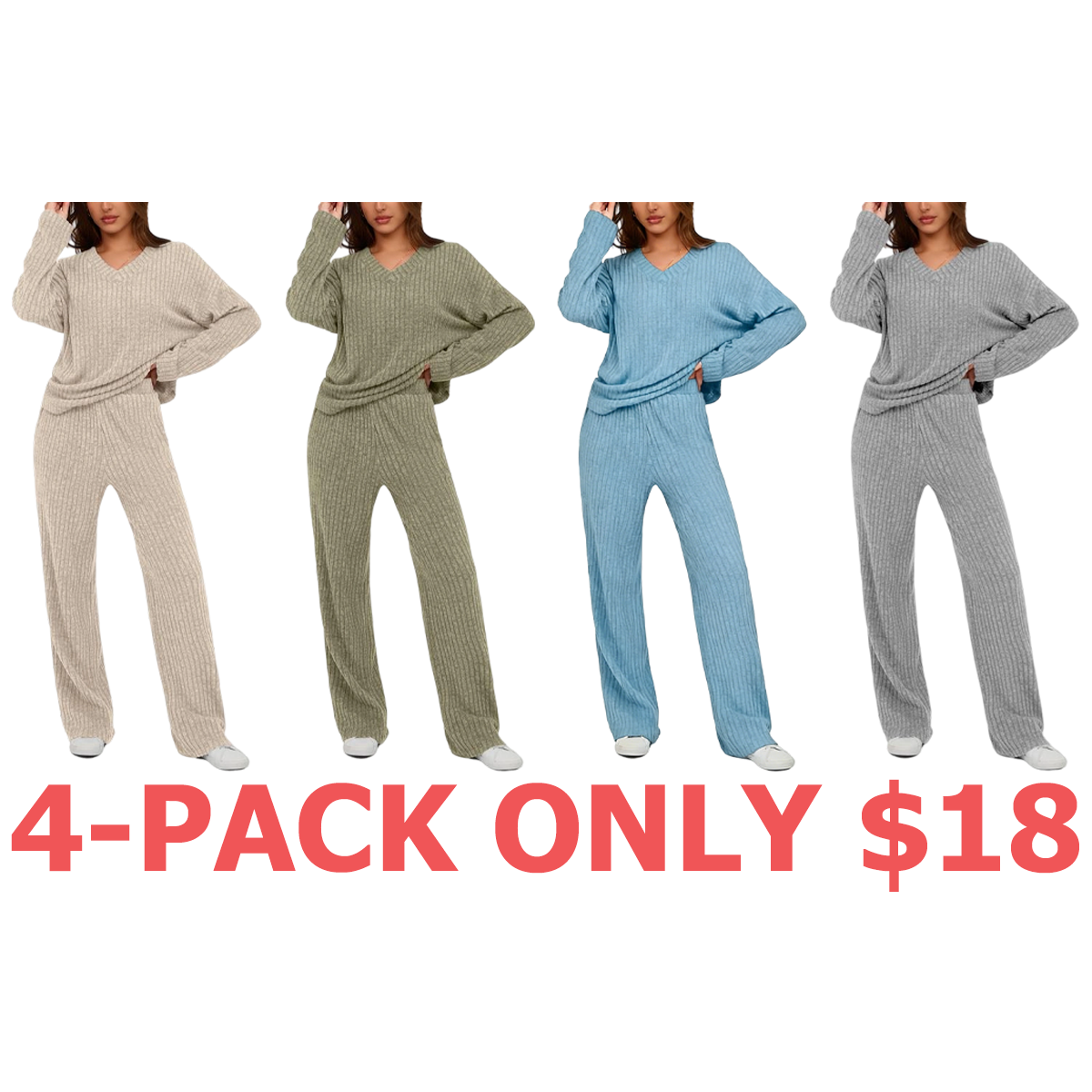 Women's 2 Piece Lounge Sets Ribbed Knit Long Sleeve V Neck Pullover Tops Wide Leg Pants Fall Winter Outfits