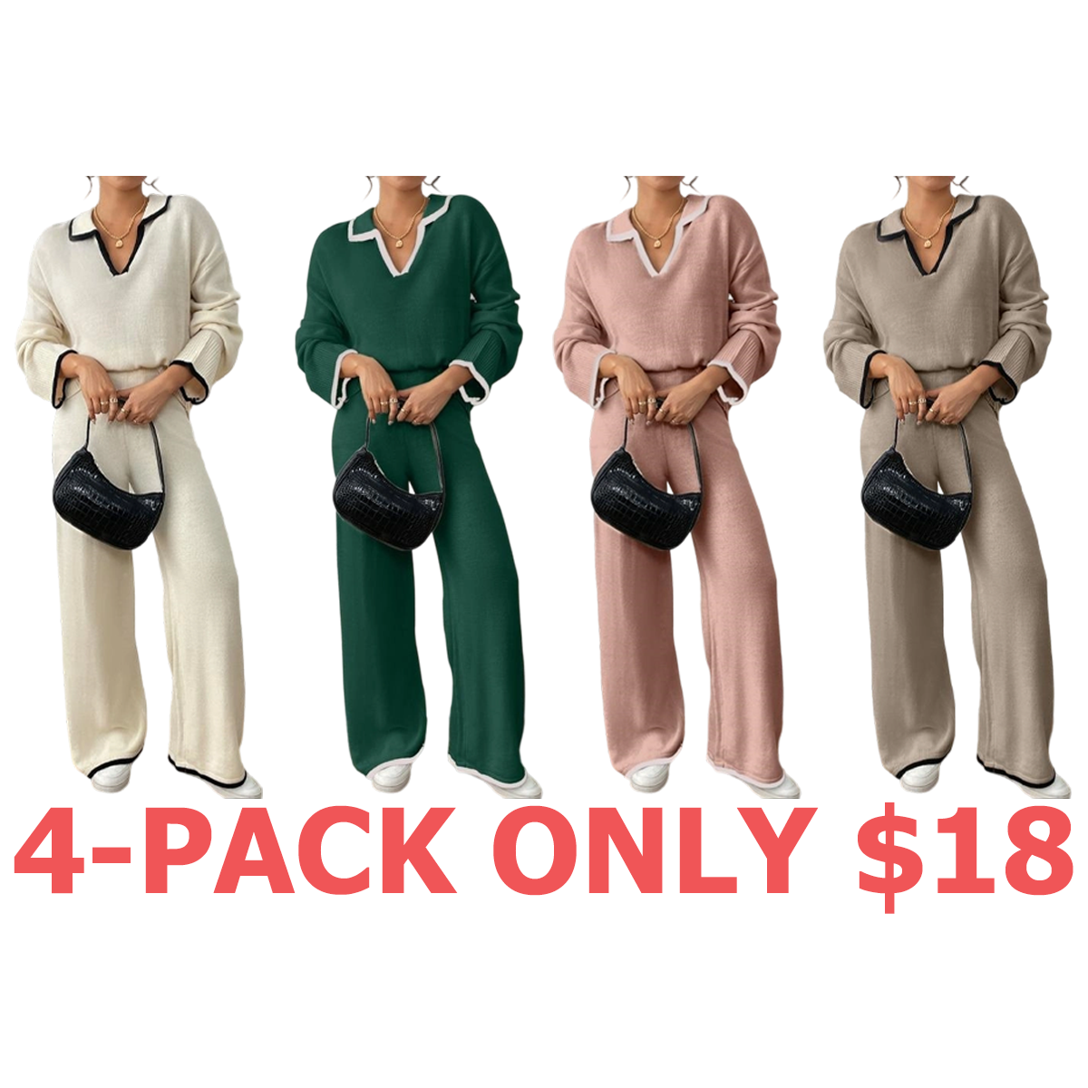 Women's Contrast Binding Drop Shoulder Sweater & Straight Leg Pants Set