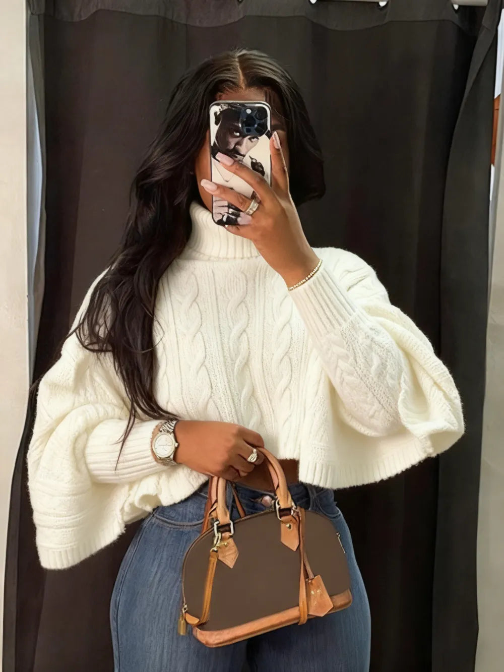 Women's Textured Split Sleeve Turtle Neck Cropped Sweater