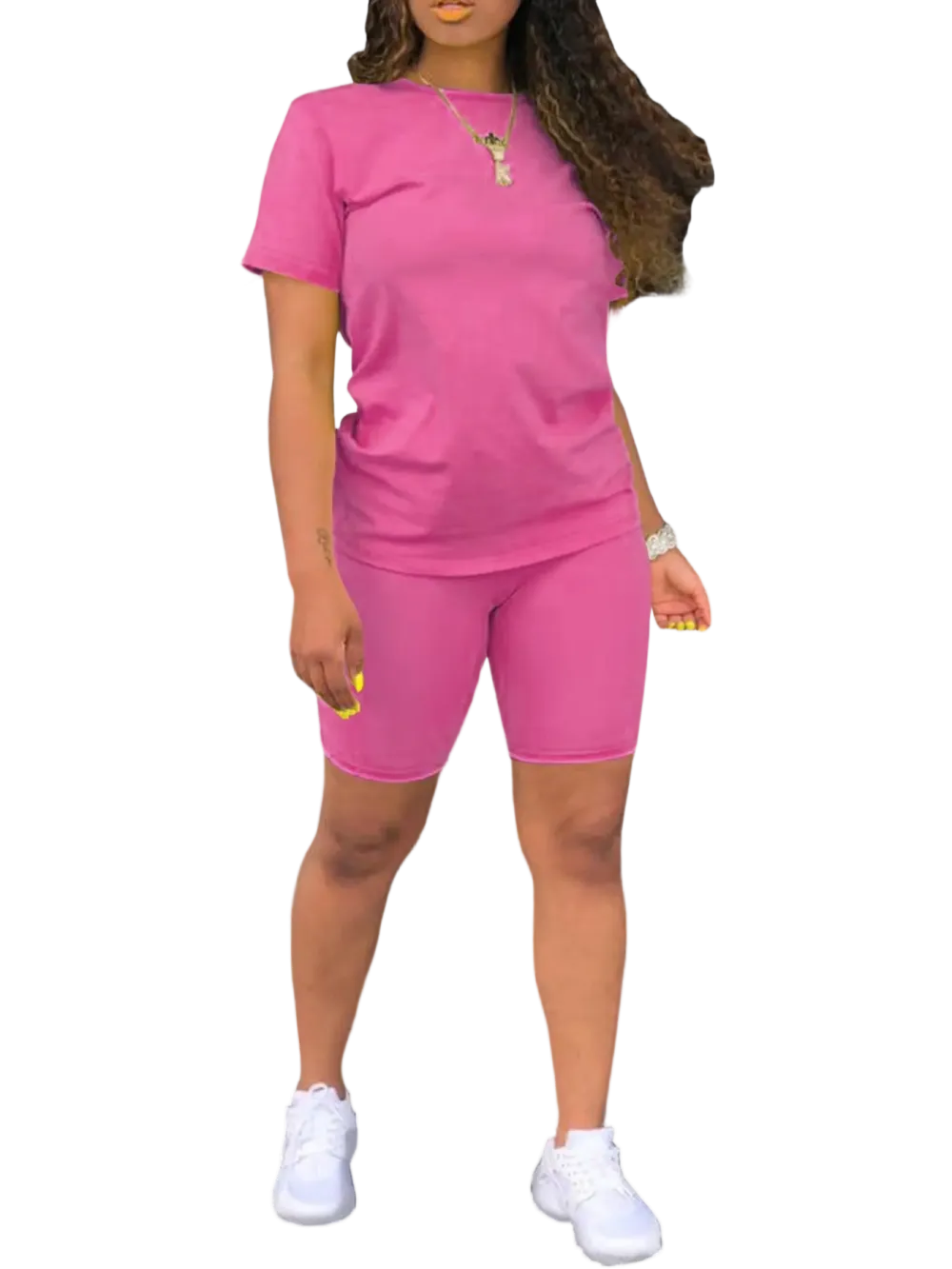 Women's 2-Piece Plain Set: Fitted Crew Neck Tee & Skinny Shorts, Casual Summer Outdoor Outfit