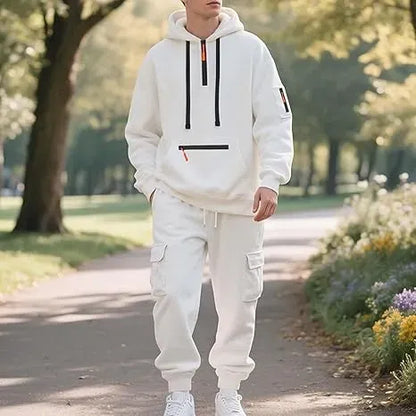 Men’s Fleece-Lined 2-Piece Tracksuit: Tactical Quarter-Zip Hoodie + Cargo Joggers