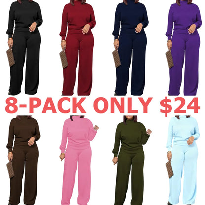 Women Fall Winter Long Sleeve Semi High Neck Loose Top & Wide Leg Pants