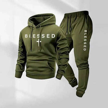 Blessed Cross Letter Print Hoodie & Drawstring Sweatpants Set
