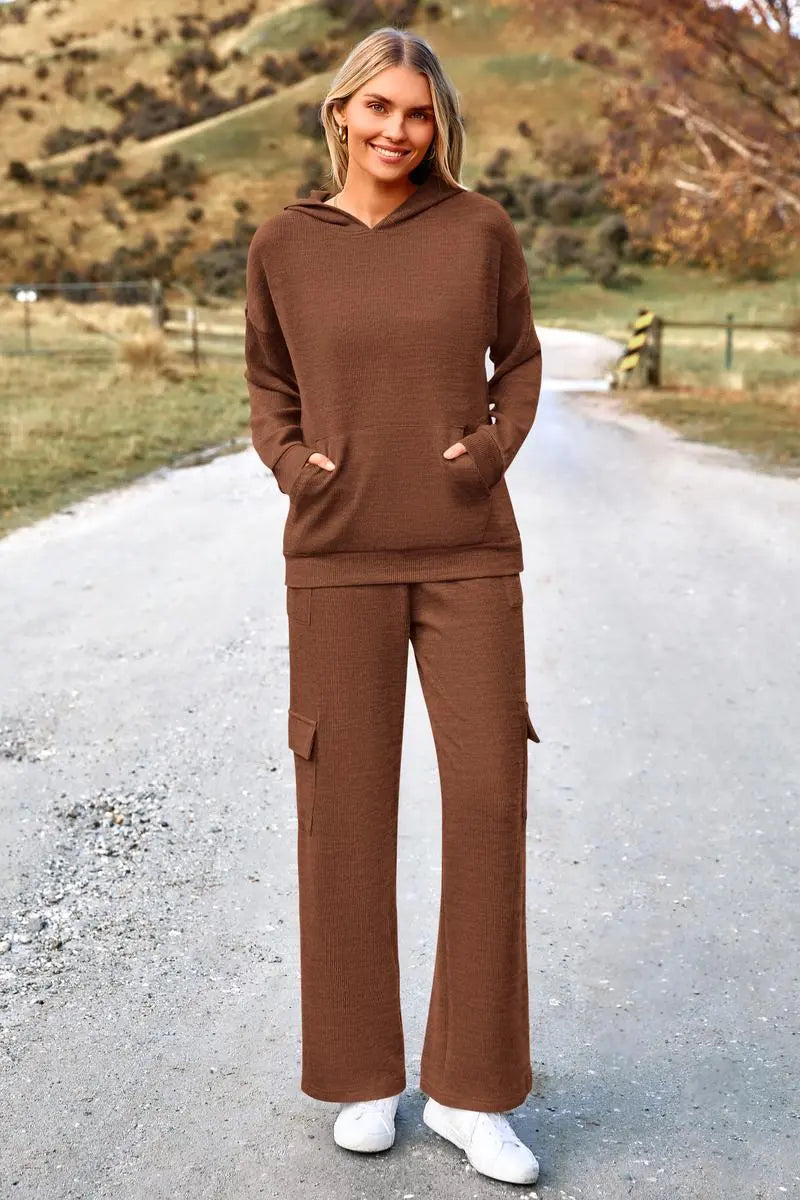 Womens Fall Outfit 2-Piece Knitted Sets Hoodie Tracksuits Wide Leg Pants With Pocket And DrawString Long Sleeve Hooded Kangoroo Pocket Tops Knitwear Sporty Loungwear, Womenswear Travel Outfit