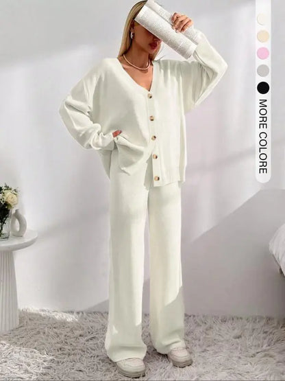 Women's Solid V Neck Cardigan & Elastic Waist Wide Leg Pants Two-piece Set