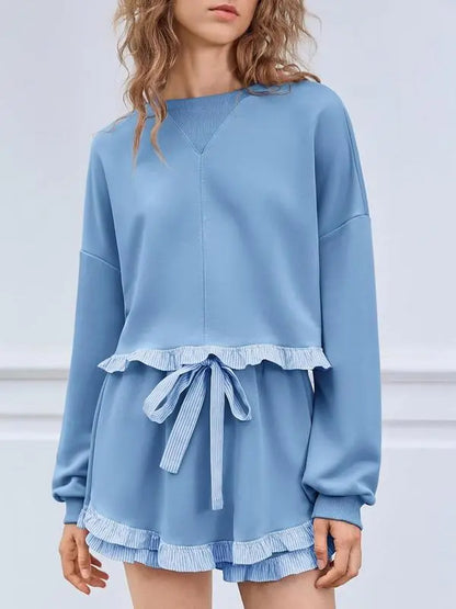Women's 2 Piece Lounge Sets Ruffle Color Block Cropped Sweatshirts Casual Drawstring Shorts Fall Loose Sweatsuits