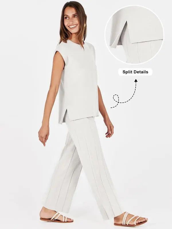 Summer 2 Piece Sets Women Vacation Basic Crewneck Wide Leg Lounge Outfits Sleeveless Outdoor Matching Sets Casual Comfort Plus size sets Minimalist Suits
