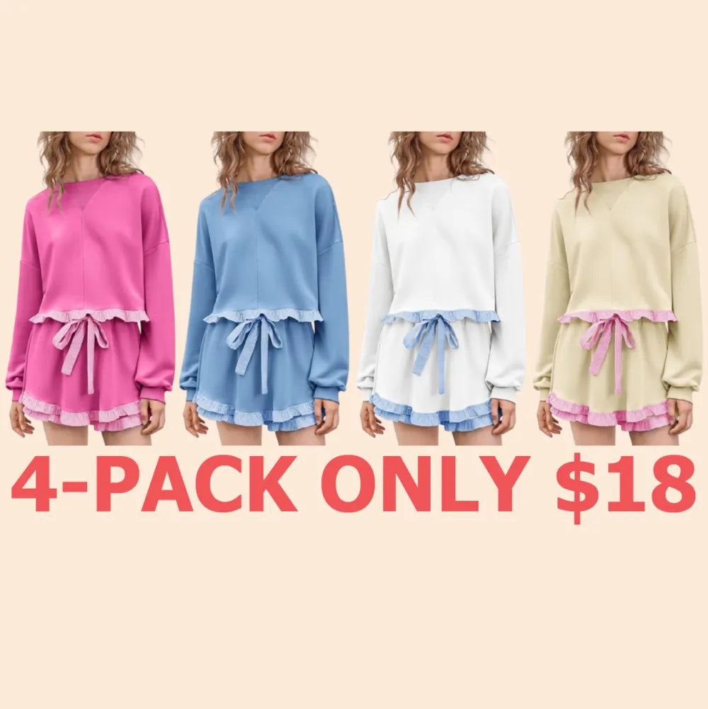 Women's 2 Piece Lounge Sets Ruffle Color Block Cropped Sweatshirts Casual Drawstring Shorts Fall Loose Sweatsuits