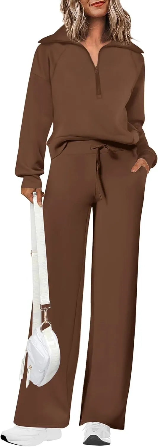 Women's 2 Piece Outfits Casual Lapel Half Zip Sweatshirts And Wide Leg Pants Tracksuit Sets