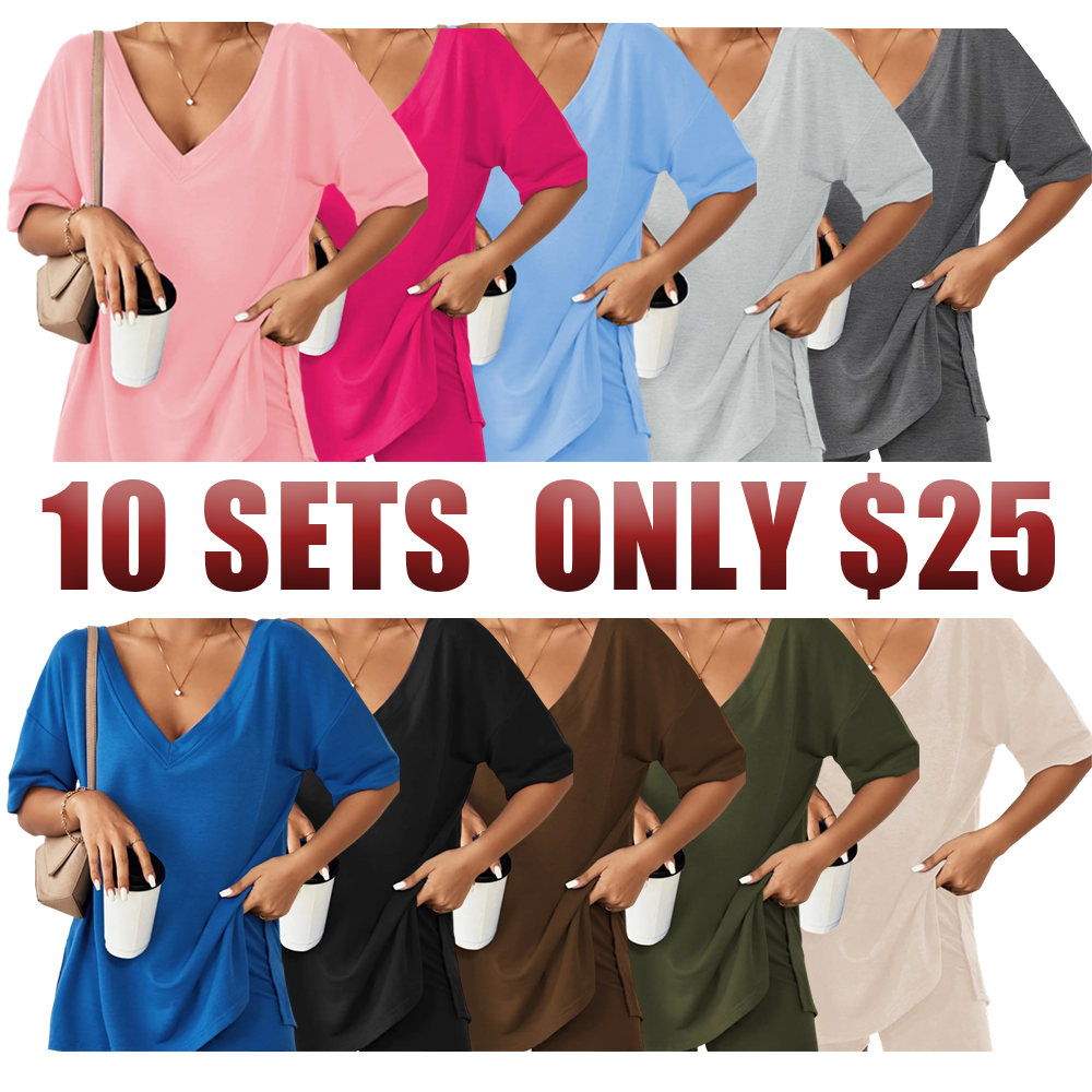 Women's Two-Piece Pajama Set Casual Oversized V Neck Split Hem