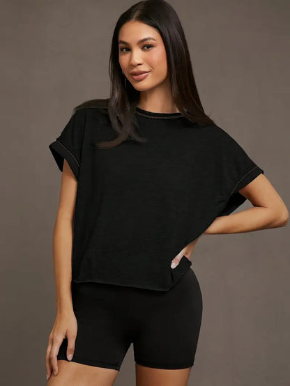 Women's Plain Cut Out Asymmetrical Hem Batwing Sleeve Tee, Elegant Casual Short Sleeve Round Neck T-Shirt for Summer, Ladies Clothes for Daily Wear