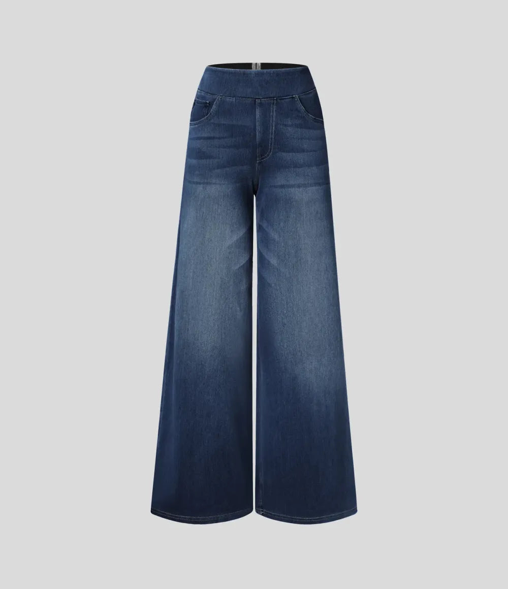 💝Last Day Promotion⚡High Waisted Multiple Pockets Baggy Wide Leg Washed Stretchy Knit Casual Jeans