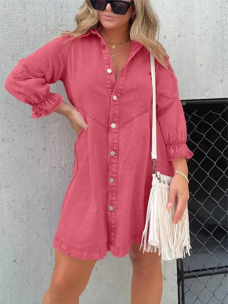 Washed Denim Puff Sleeve Mini Dress
