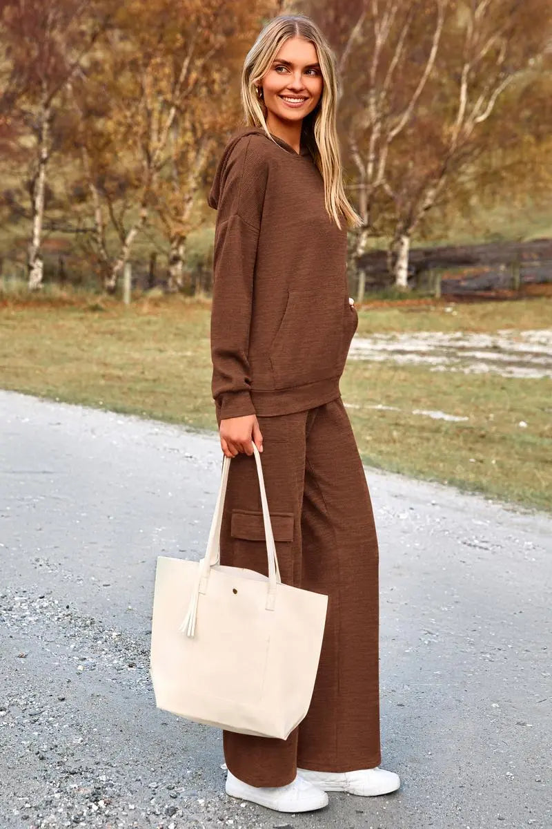 Womens Fall Outfit 2-Piece Knitted Sets Hoodie Tracksuits Wide Leg Pants With Pocket And DrawString Long Sleeve Hooded Kangoroo Pocket Tops Knitwear Sporty Loungwear, Womenswear Travel Outfit