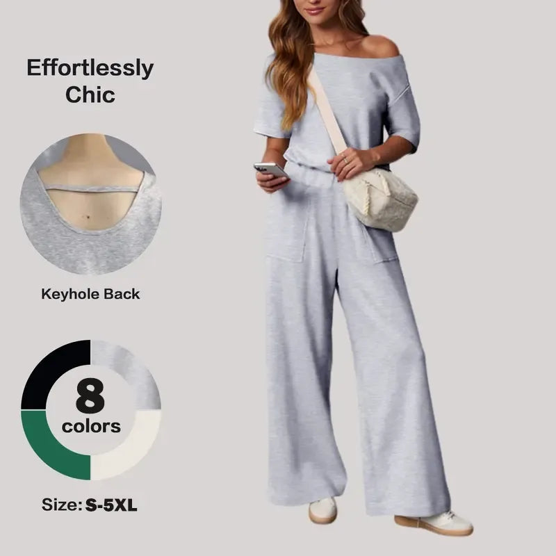 Women's Heather Off-Shoulder Wide Leg Jumpsuit