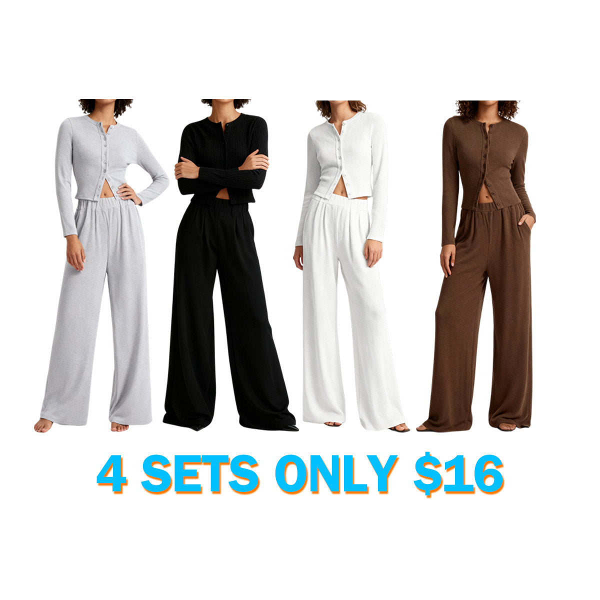 Women's Solid Button Front Ribbed Crop Top & Elastic Waist Pants 2 Piece Set
