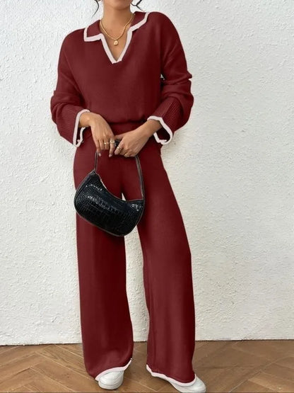 Women's Contrast Binding Drop Shoulder Sweater & Straight Leg Pants Set