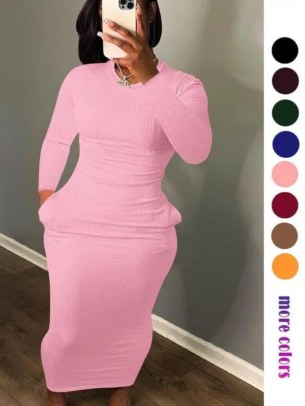 Women's Solid Pocket Long Sleeve Bodycon Dress
