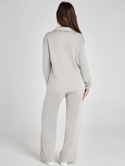 Women's 2 Piece Sets Outfits Casual Long Sleeve Sweatsuits Polo Top and Wide Leg Pants Matching Sets