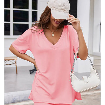 Women's Two-Piece Pajama Set Casual Oversized V Neck Split Hem