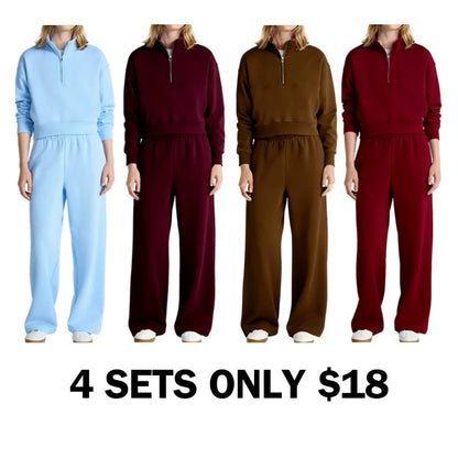 Fleece Half Zip Pullover & Cargo Wide-Leg Pants 2-Piece Set