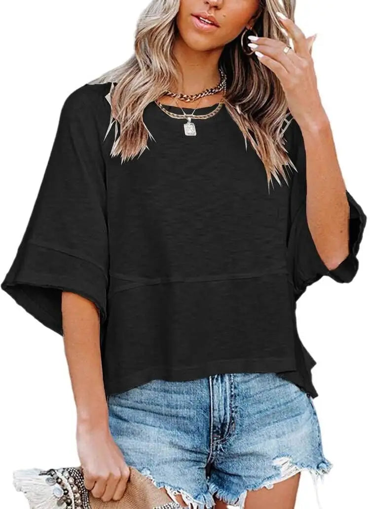 Women's Summer Casual Crewneck Batwing Half Sleeve Tee