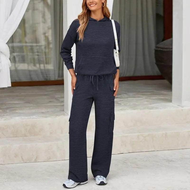Womens Fall Outfit 2-Piece Knitted Sets Hoodie Tracksuits Wide Leg Pants With Pocket And DrawString Long Sleeve Hooded Kangoroo Pocket Tops Knitwear Sporty Loungwear, Womenswear Travel Outfit