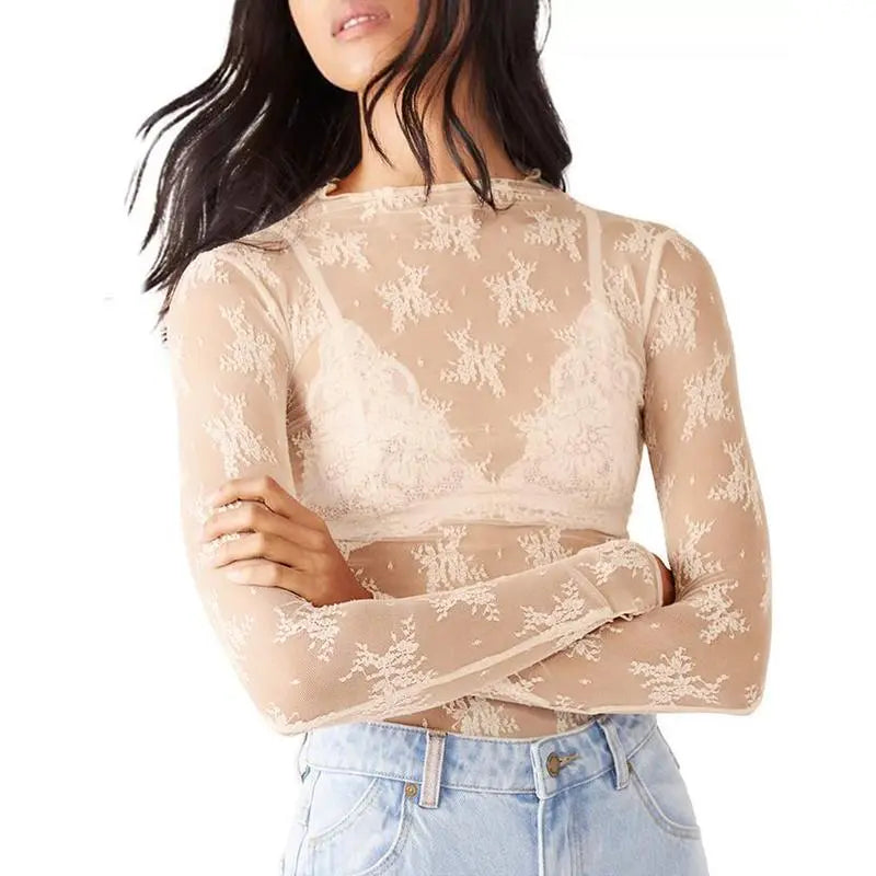 Women's Lace Blouse, Mesh Long-Sleeve Floral Lace Shirt