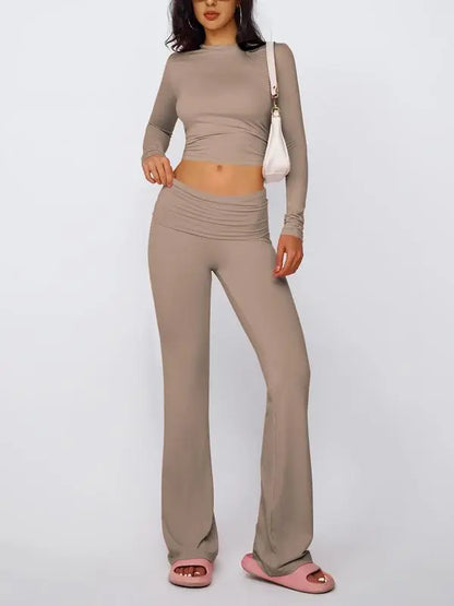 Women's Solid Long Sleeve Crop Tee & Flare Leg Skinny Pants Loungewear Set