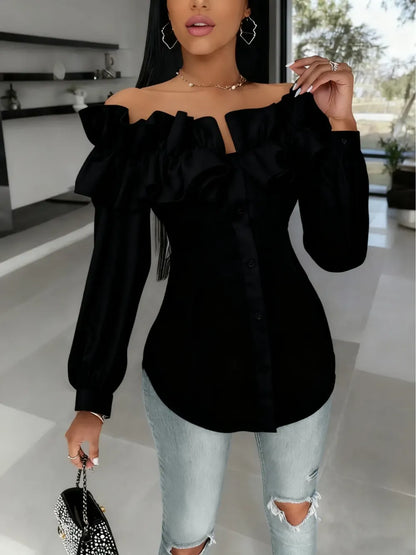 Women's Long Sleeve One Shoulder Ruffle Slim Fit Shirt Blouse