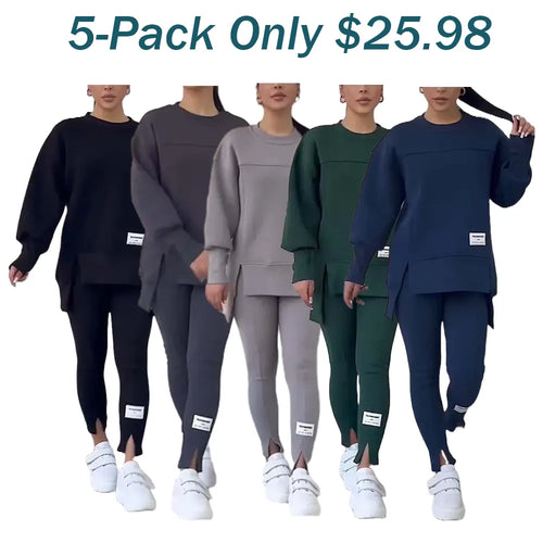 🎉Christmas Deals🎉Women's Casual Solid Color Round Neck Long Sleeve Slit Hem Sweatshirt Leggings Set