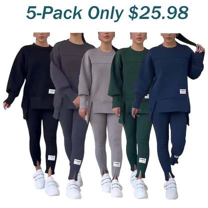 🎉Christmas Deals🎉Women's Casual Solid Color Round Neck Long Sleeve Slit Hem Sweatshirt Leggings Set