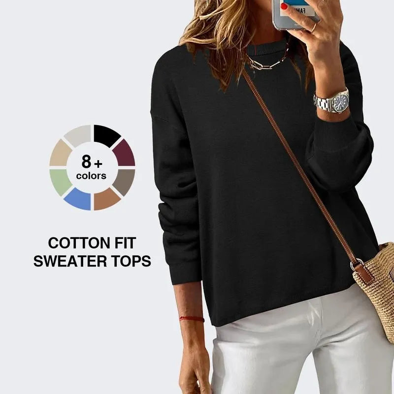 Women's 100% Cotton Crew Neck Fall Casual Relaxed Fit Sweater Tops 2025