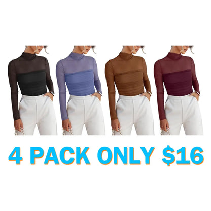Women’s Long Sleeve Sheer Mesh Ruched Going Out Bodysuits Tops