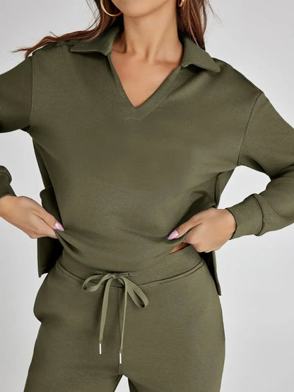 Women's 2 Piece Sets Outfits Casual Long Sleeve Sweatsuits Polo Top and Wide Leg Pants Matching Sets