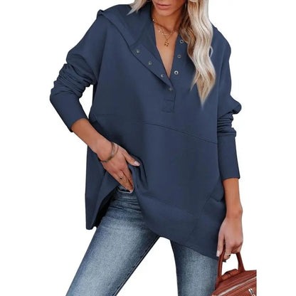 Women's Casual Oversized Sweatshirts Hoodies Button V Neck Long Sleeve Cotton Henley Pullover Hooded Tops 2025 Womenswear Winter Outfits Clothes