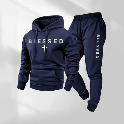 Blessed Cross Letter Print Hoodie & Drawstring Sweatpants Set