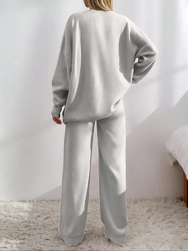 Women's Solid Button Front Drop Shoulder V Neck Cardigan & Elastic Waist Wide Leg