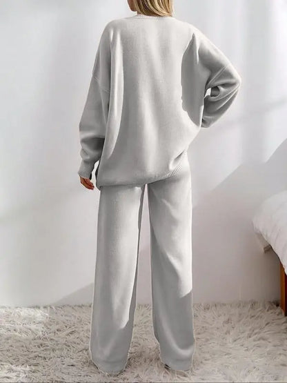 Women's Solid Button Front Drop Shoulder V Neck Cardigan & Elastic Waist Wide Leg