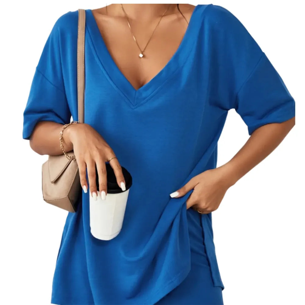 Women's Two-Piece Pajama Set Casual Oversized V Neck Split Hem