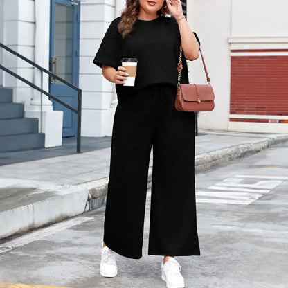 Women's Plus Size Short Sleeve Top & High Waist Wide Leg Pants 2-Piece Lounge Set