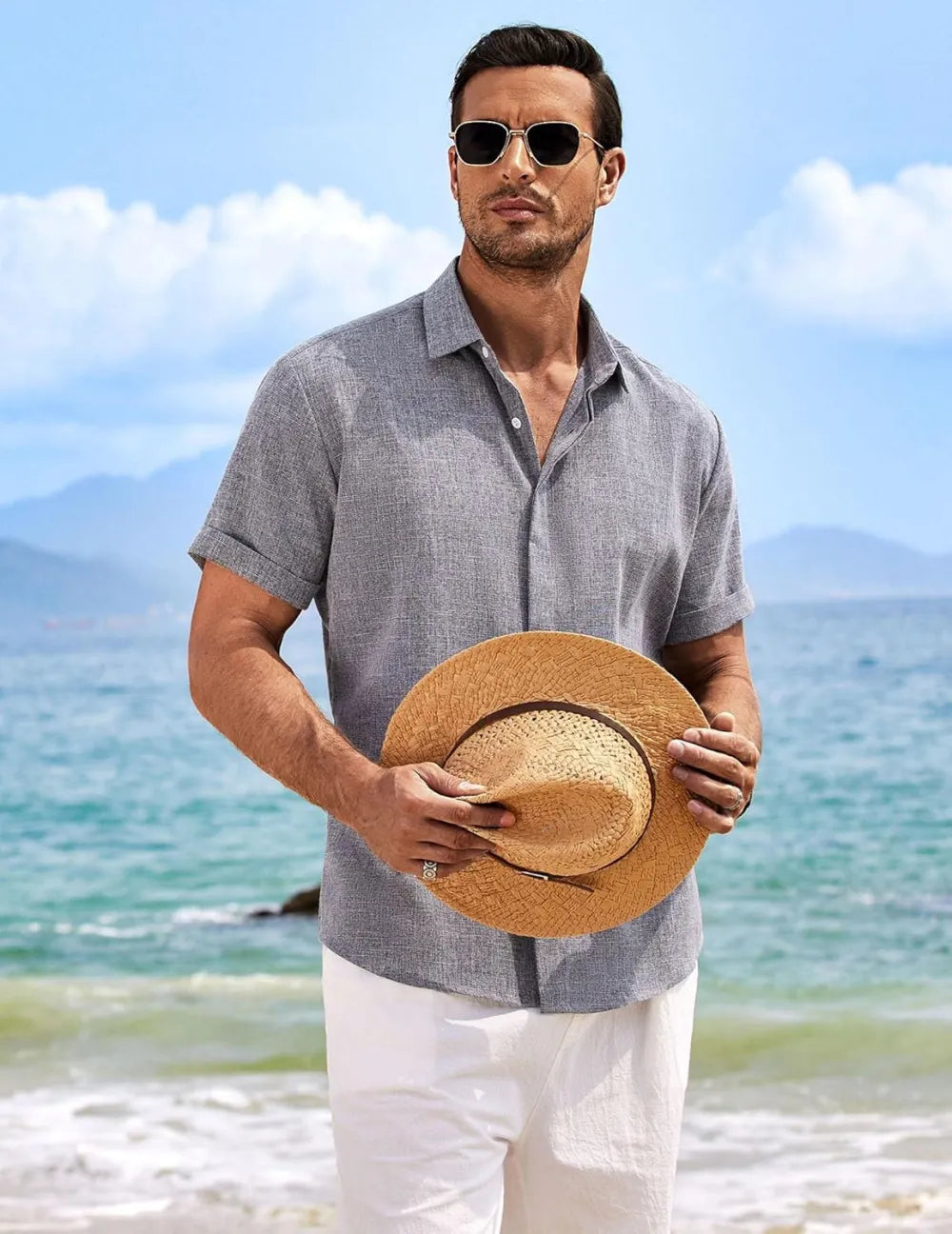 Men's Linen Shirts Short Sleeve Casual Shirts Button Down Shirt for Men Beach Summer Wedding Shirt