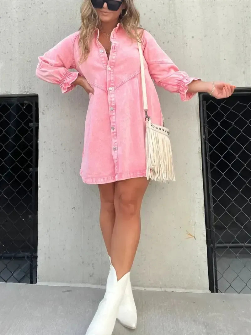 Washed Denim Puff Sleeve Mini Dress