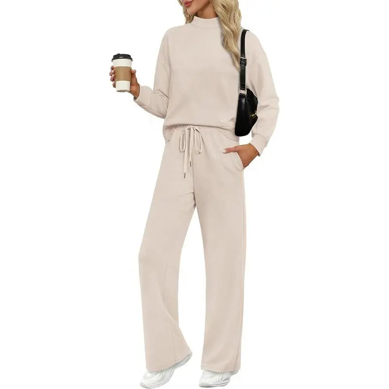 Two Piece Sets for Women Fall Outfits Lounge Sets Mock Neck Tops Wide Leg Pants Vacation Travel Airport Outfits Casual Long Sleeve